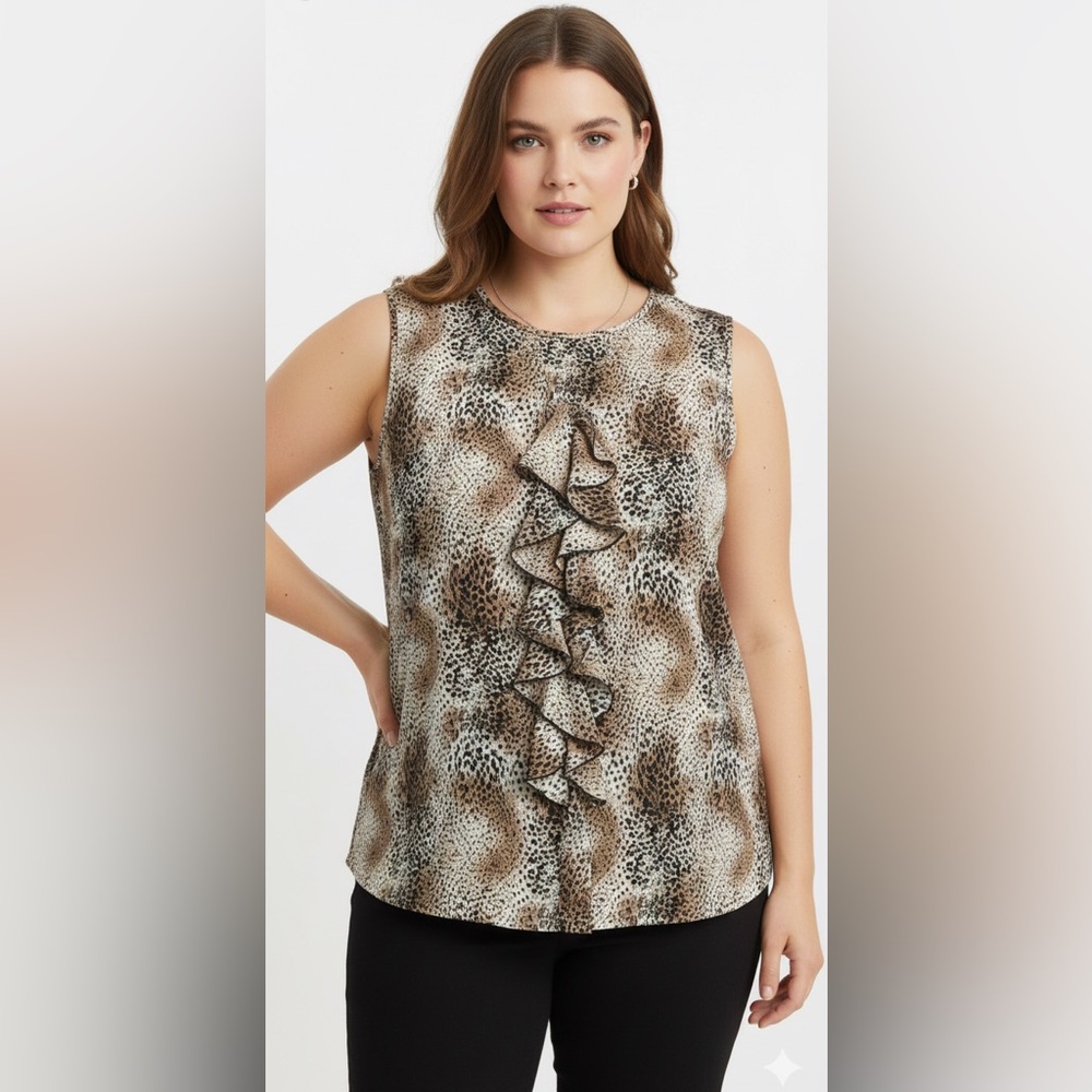 Jones Studio Cheetah Print Button Down Sleeveless Blouse With Ruffles